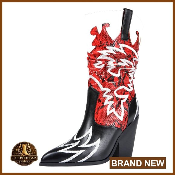 Shoes - Embroidered Cowboy Boots Mid Calf Chunky Heel Pointed Toe Western Cowgirl Boots